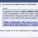 Stormfront Ad for American Renaissance's Jared Taylor as "Guest" on Stormfront Derek Black's Radio Show