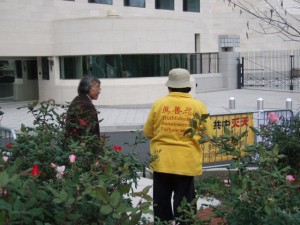 Falun Dafa Activists Arrange Protest Signs Across from PRC Embassy