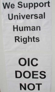 R.E.A.L. Protest Sign: "We Support Universal Human Rights, the OIC Does Not"
