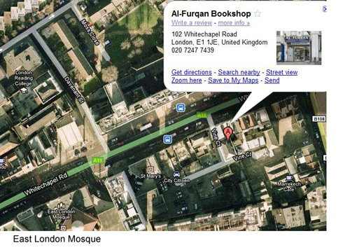 UK: Whitechapel Area Showing Proximity of Al-Furqan books to East London Mosque