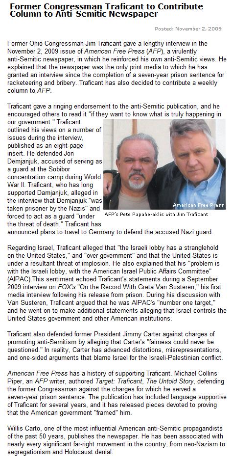 Anti-Defamation League Report on "American Free Press" and Former Congressman Jim Traficant