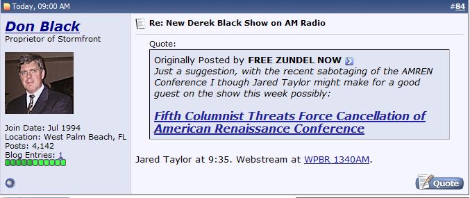 Stormfront Ad for American Renaissance's Jared Taylor as "Guest" on Stormfront Derek Black's Radio Show