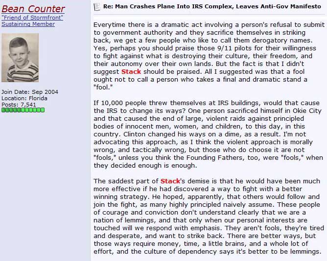 "White Nationalist" Stormfront Member Praise "9/11 Pilots" Terrorist Attacks, Oklahoma City Bomber Terrorist Attack, and IRS Building Terrorist Attack