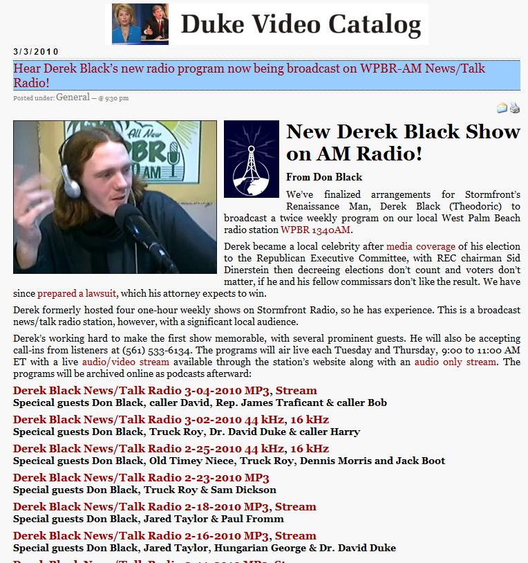 Former Ku Klux Klan (KKK) Leader David Duke Also References Jared Taylor's Appearance on Stormfront Derek Black's Radio Show