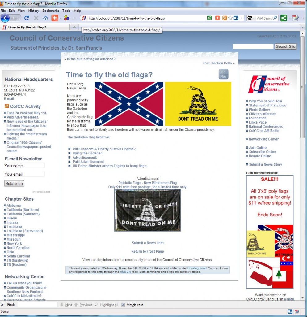 "White Nationalist Hate Group" Council of Conservative Citizens (CofCC) and Gadsden Flag Promotion