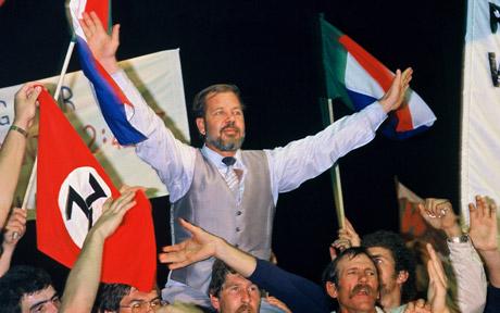  Eugene Terreblanche at an AWB meeting in South Africa in the 1980s.  Photo: Sipa Press / Rex Features  