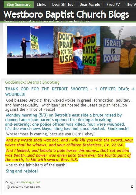 Westboro Baptist Church "Hate Group" Praise for Shooter of Detroit Police Officer