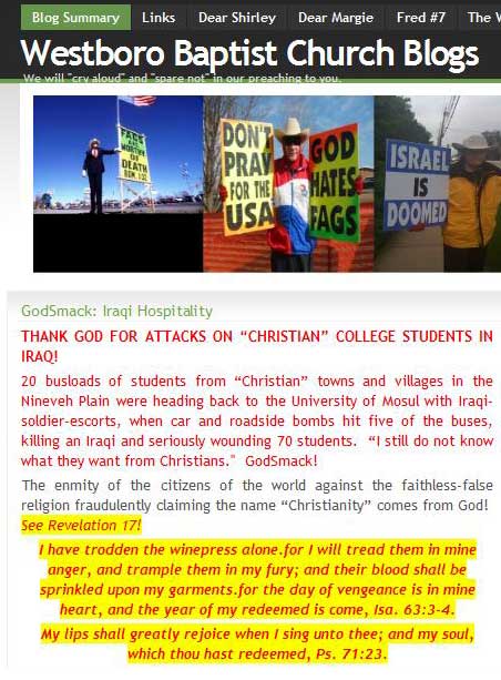 Westboro Baptist Church "Hate Group" Praises Attacks on Iraqi Christians