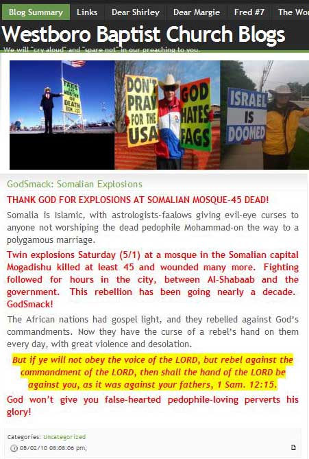 Image from the Westboro Baptist Church "hate group" blog that praises a bombing attack on a Somalian mosque