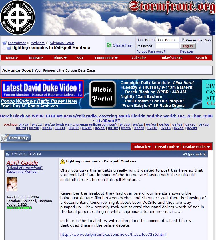 Screenshot of Stormfront Hate Group Forum Promoting April 29 Nazi Film in Montana