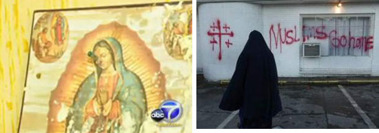 Raw Hate: Knife in Painting of Virgin Mary at Christian Church in LA (Photo: ABC); "Muslims Go Home" Vandalism in Tennessee (Photo: John Partipilo / The Tennessean)