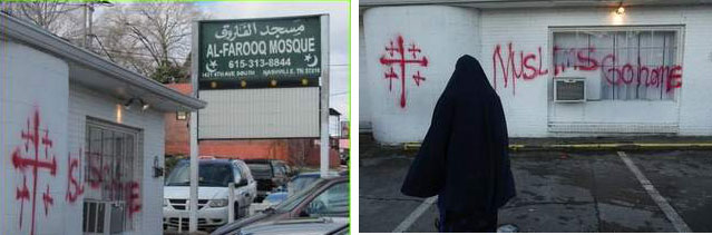 Tennessee: Hate in America defacing Mosque with "Christian" symbols and hate message (Photos: The Tennesseean)