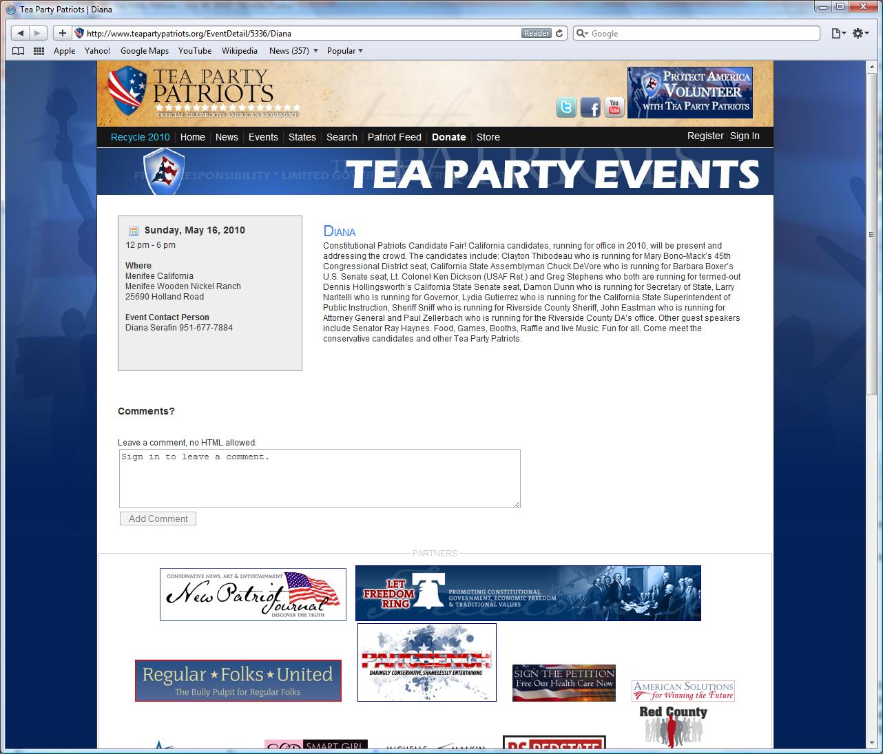 Tea Party Patriot Web Site List Diana Serafin's Telephone Number - the Same One on the Tea Party Patriot Web Site for the Temecula Mosque Protest (Screen Shot: Tea Party Patriots)