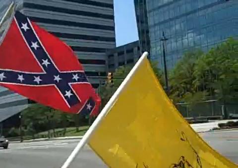 South Carolina: White Nationalist, Anti-Semitic Group Occidental Dissent Flies Confederate and Gadsden Flags Together (Photo: YouTube)