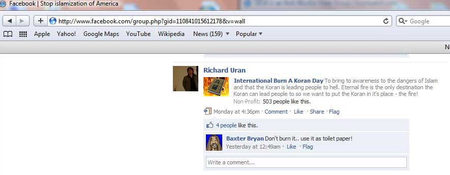 Screenshot of SIOA Group Supporters Promotion of Dove World Outreach Center's "Burn A Koran Day" (Photo: Facebook)