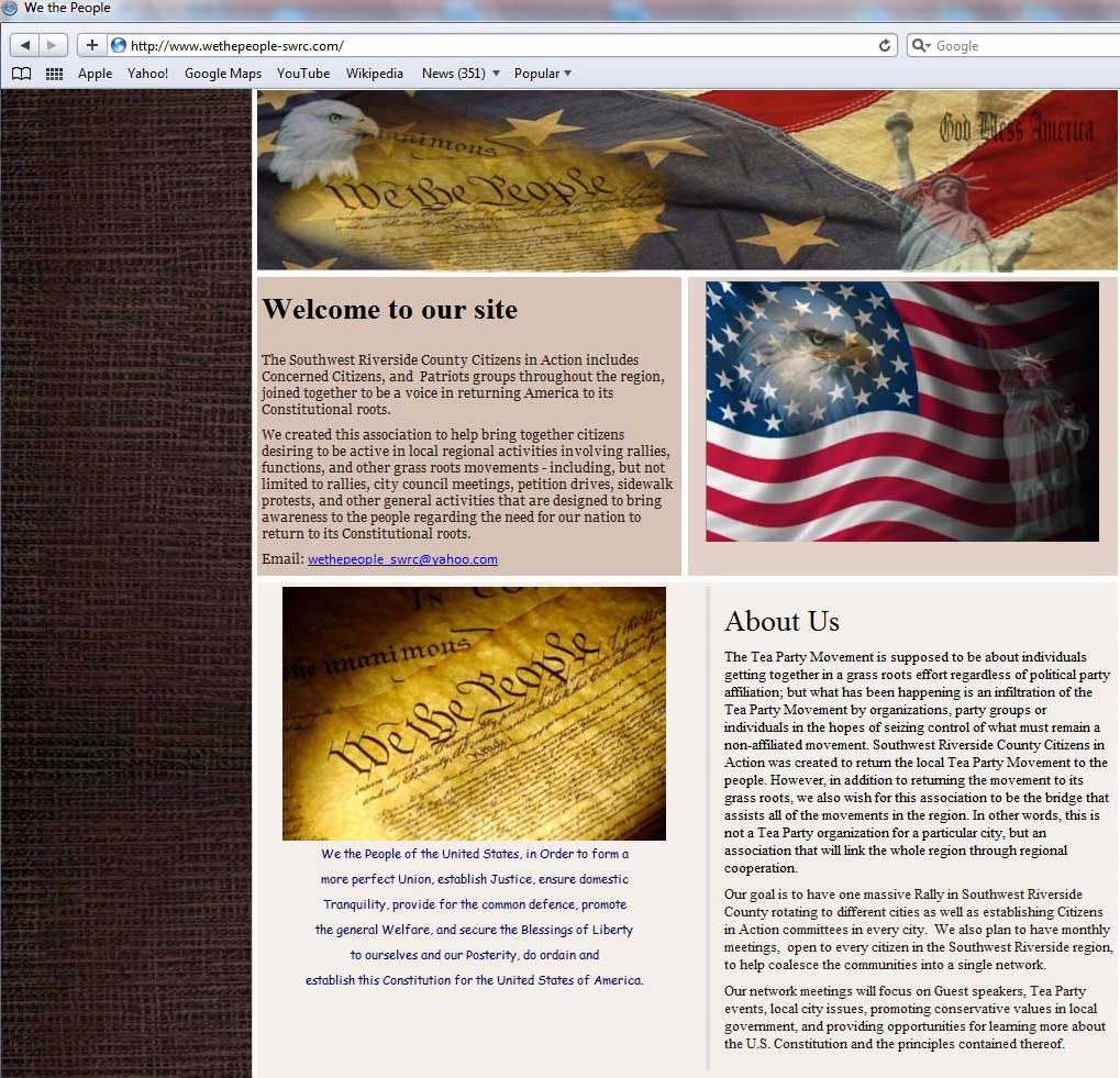 SWRC Tea Party Citizens in Action web site states its mission as "Southwest Riverside County Citizens in Action was created to return the local Tea Party Movement to the people." (Screen Shot: SWRC Tea Party Web Site)