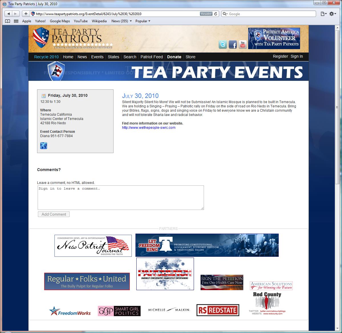 National Tea Party Patriots Web Site Promotes Southwest Riverside County (SWRC) Tea Party Citizens in Action Group Mosque "Rally"