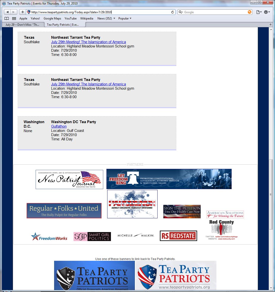 National Tea Party Patriots July 29 Event Shows National Promotion of "Islamization of America" Tea Party Event (Screenshot: Tea Party Patriots Web Site)