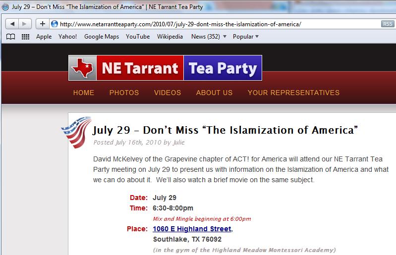 Texas Tea Party Event on "Islamization of America" (Screen Shot NE Tarrant Tea Party Web Site)