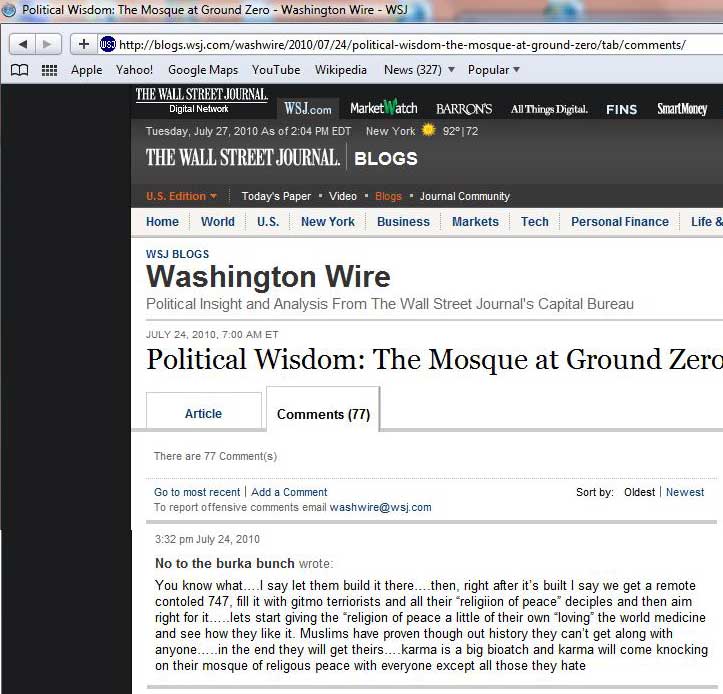 Wall Street Journal (WSJ) Washington Wire - Reader Comments on July 24, 2010 Calling for Attack on NYC Mosque