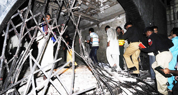 Security officials examine the site of suicide bomb attacks at the Saint Syed Ali bin Osman Al-Hajvery shrine, popularly known as Data Ganj Bakhsh in Lahore on July 2, 2010. - Photo by AFP.