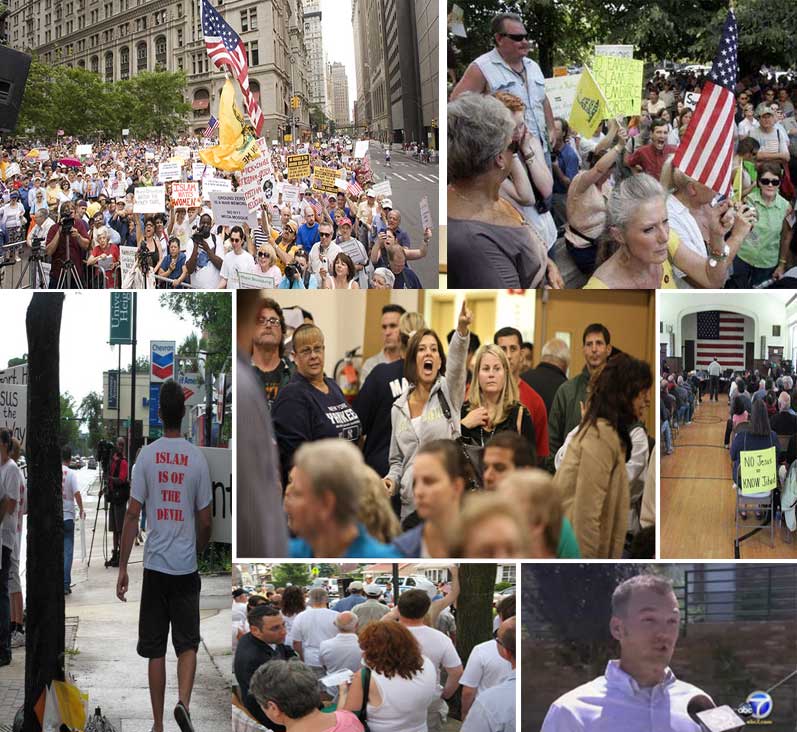 Photos of Recent Mosque Protests Across America: 1. Manhattan, 2. Tennessee, 3. Staten Island, 4. Florida - "Islam is the Devil", 5. Brooklyn, 6. Wisconsin, 7. California.  (Photos: 1. YouTube, 2. John A. Gillis/DNJ, 3. NYT, 4. Facebook, 5. Picasa, 6. Sheyboygan Press, 7. KABC )