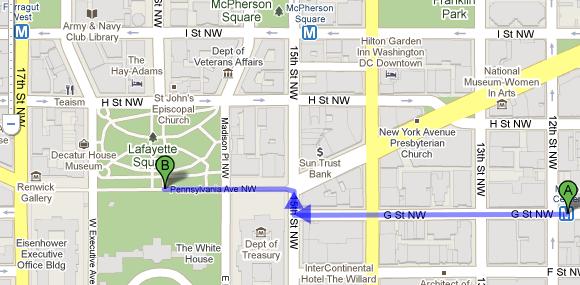 Map Showing Walk from Metro Center to White House - and Nearby McPherson Square, Farragut West Stops