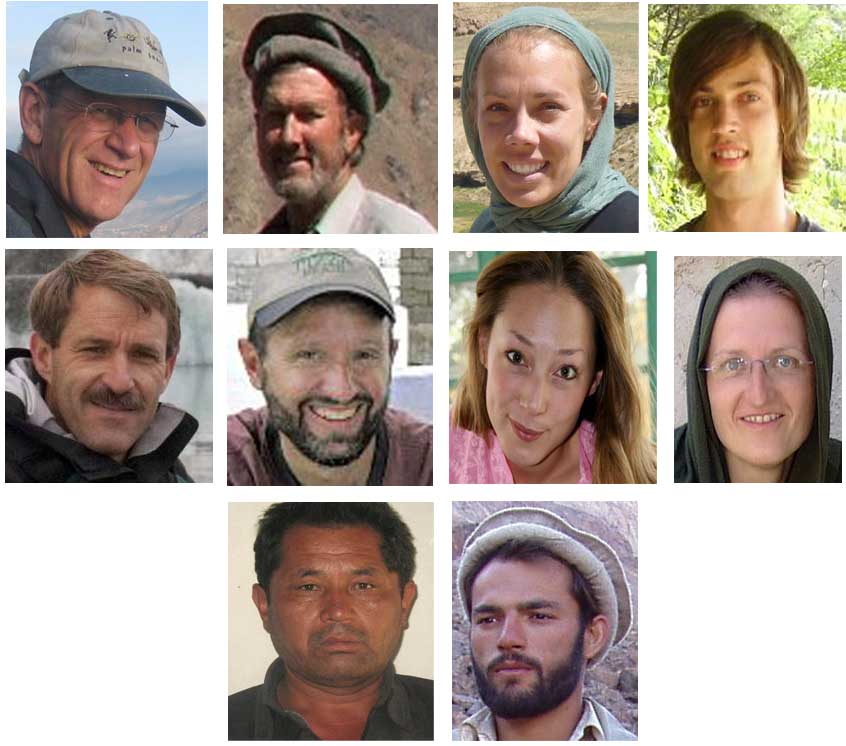 IAM Aid Workers Killed in Afghanistan - (left to right) Row 1: Tom Little, Dan Terry, Cheryl Beckett, Brian Carderelli; Row 2: Dr. Thomas Grams,  Glenn Lapp, Karen Woo, Daniela Beyer; Row 3: Marham Ali and Jawed.  Most Photos from IAM website.  Dr Grams Photo: Minnesota Star Tribune; Glenn Lapp, AP; Karen Woo, Nicholas Razzell.