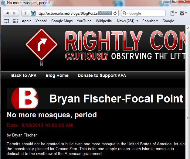 Screenshot Excerpt of Bryan Fischer's AFA Blog Article Against Mosques in America
