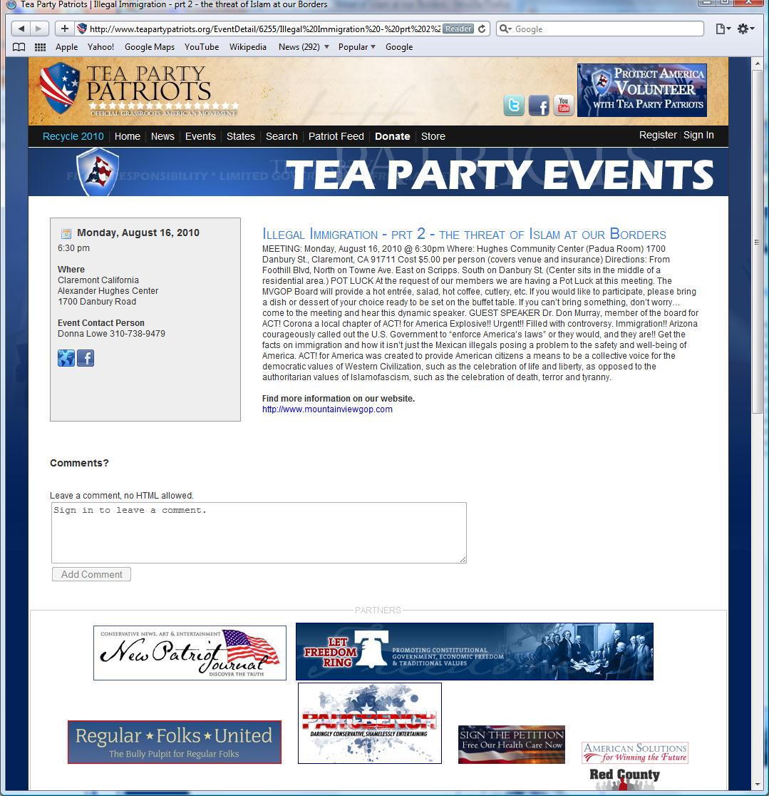 California Tea Party Event on "Threat of Islam" - Screen Shot: Tea Party Patriots Web Site