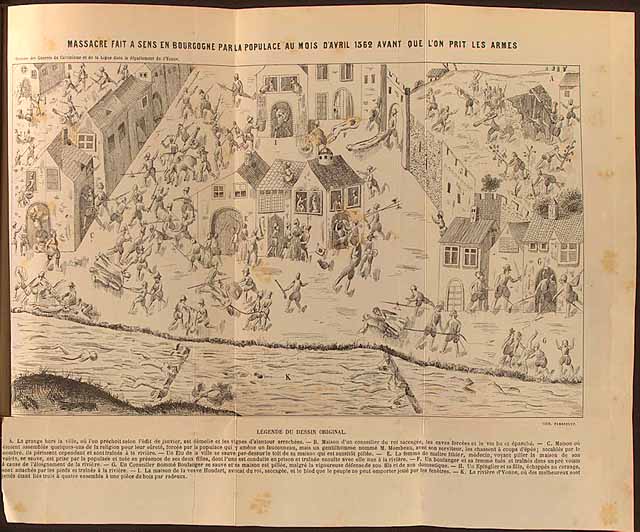 Persecution of Huguenots by Catholics The slaughter of Huguenots (French Protestants) by Catholics at Sens, Burgundy in 1562 occurred at the beginning of more than thirty years of religious strife between French Protestants and Catholics. These wars produced numerous atrocities. The worst was the notorious St. Bartholomew's Day Massacre in Paris, August 24, 1572. Thousands of Huguenots were butchered by Roman Catholic mobs. Although an accommodation between the two sides was sealed in 1598 by the Edict of Nantes, religious privileges of Huguenots eroded during the seventeenth century and were extinguished in 1685 by the revocation of the Edict. Perhaps as many as 400,000 French Protestants emigrated to various parts of the world, including the British North American colonies.  (LOC)