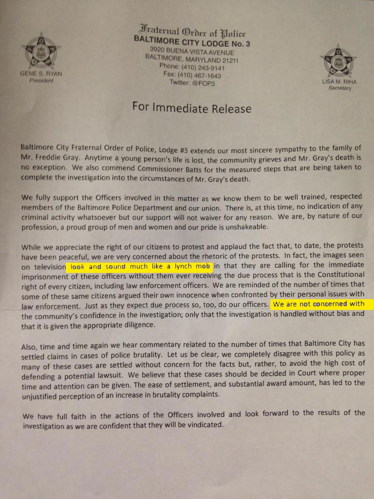 Baltimore Fraternal Order of Police (FOP) Lodge 3 Issues Statement Equating Protests Against Death During Police Arrest with "Lynchings" (Source: Twitter)