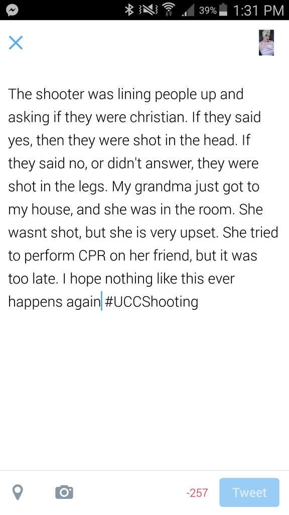 Twitter Report on Terrorist "IronCross45" Targeting of Christians in Roseburg, Oregon Attack (Twitter)