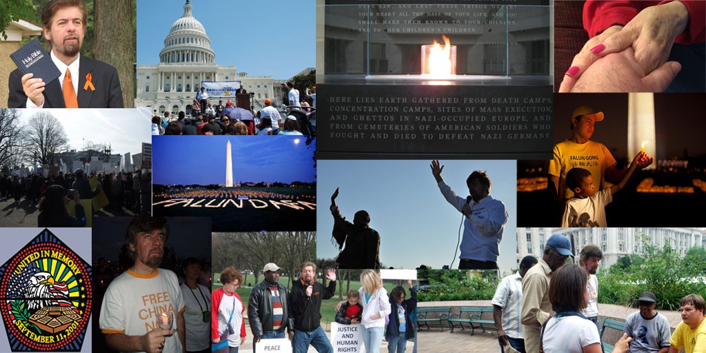 The Power of Faith and Prayer - Images from events -- (Top - left to right - R.E.A.L.'s Jeffrey Imm at Confederate Memorial of Robert E. Lee urging White Supremacists to end hate, U.S. Capitol prayers in remembrance of the Holocaust, prayers at the U.S. Holocaust Memorial Museum, prayers in fighting Alzheimer's Disease) -- (Middle - left to right: Prayers at the White House for Persecuted Egyptian Coptic Christians, meditation by Falun Dafa practitioners at Washington Memorial, center photo Prayers on April 4, remembering the death of Dr. Martin Luther King, Jr. at Lincoln Memorial, meditation by Falun Gong faithful) --(Bottom - left to right - Interfaith prayers at U.S. Pentagon chapel, prayers to free the Chinese people on the anniversary of Tiananmen Square massacre, prayers at the Lincoln Memorial for Darfur, and for equality and liberty for all by Interfaith Christians, Muslims, and Jewish people, and interfaith prayer at Freedom Plaza praying to end the burden of hate and the end to white supremacist violence by Muslim, Jewish, Christian, Buddhist believers.)